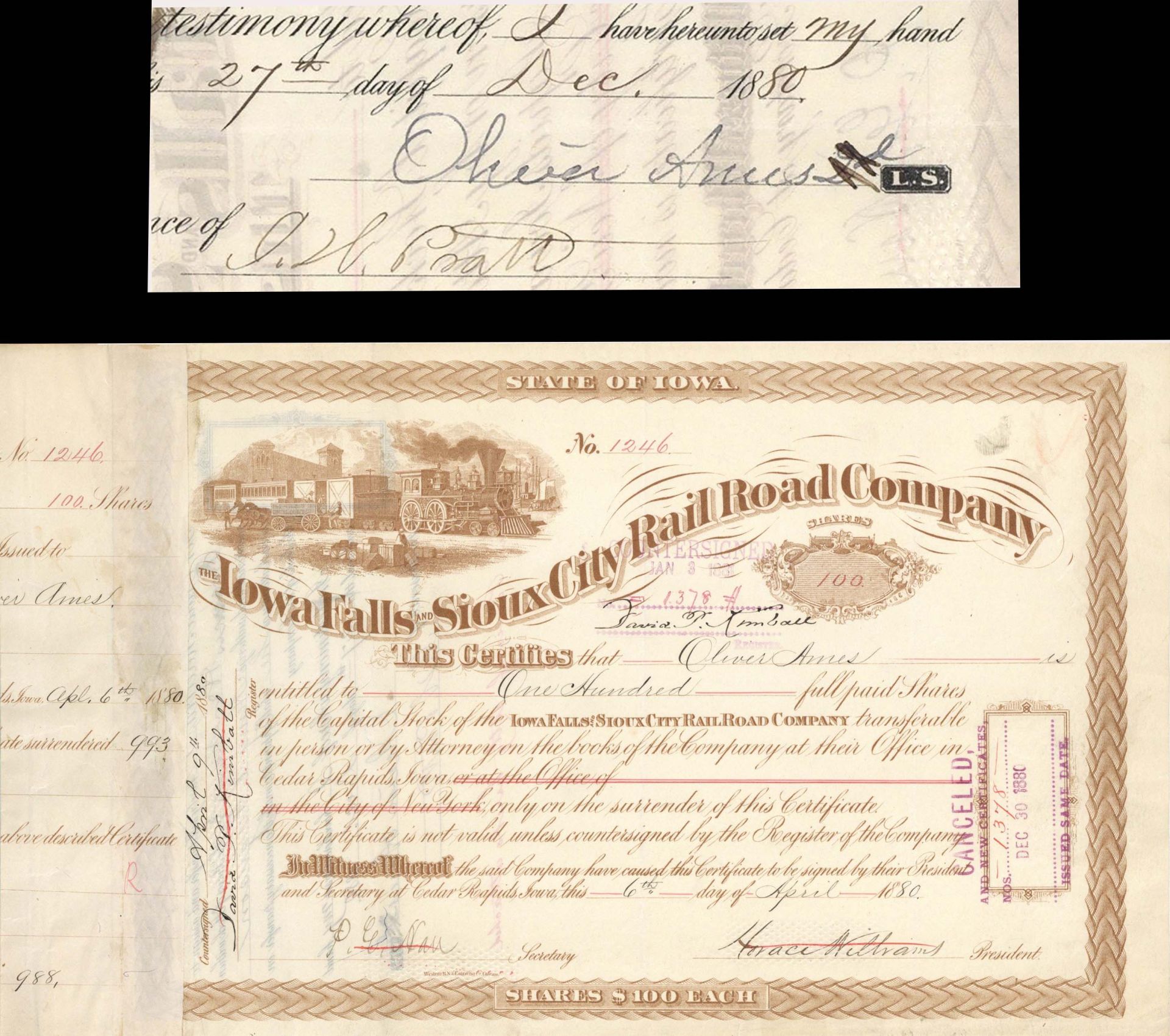 Iowa Falls and Sioux City Rail Road Co. Issued to and signed by Oliver Ames - Stock Certificate