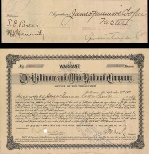 Baltimore and Ohio Railroad Co. signed by Trustee for James Fenimore Cooper - 1902 dated Autographed Stock Certificate