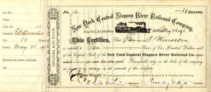 New York Central Niagara River Railroad Co. signed by Chauncey M. Depew - Stock Certificate