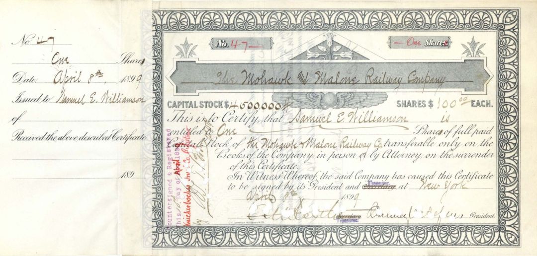 Mohawk and Malone Railway Co. signed by Chauncey M. Depew - 1899 dated Autographed Stock Certificate