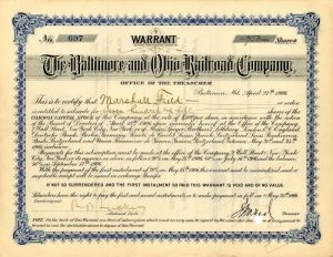 Baltimore and Ohio Railroad Co. signed by Marshall Field - Stock Certificate