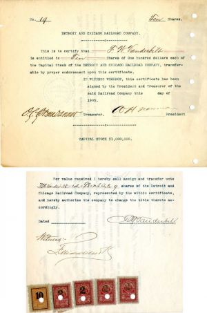 Detroit & Chicago Railroad Co. Issued to & Signed by Frederick W. Vanderbilt -1905 dated Autograph Stock Certificate