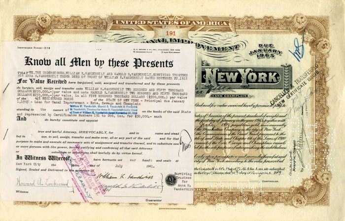 State of New York Transfer signed by Harold S. and William K. Vanderbilt - $50,000 Bond