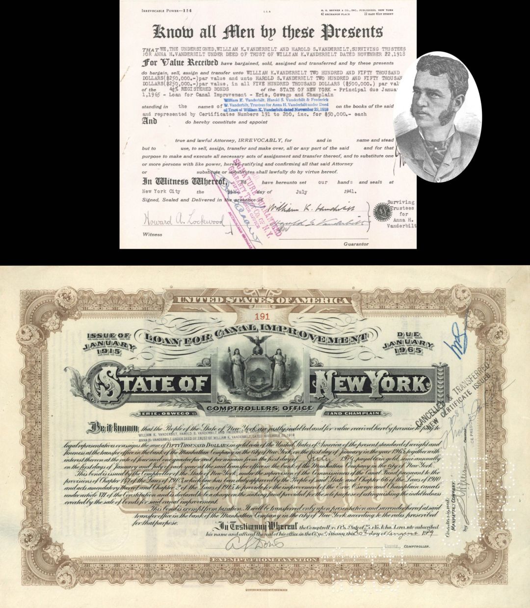 State of New York Transfer signed by Harold S. and William K. Vanderbilt - 1929 and 1941 dated $50,000 Bond