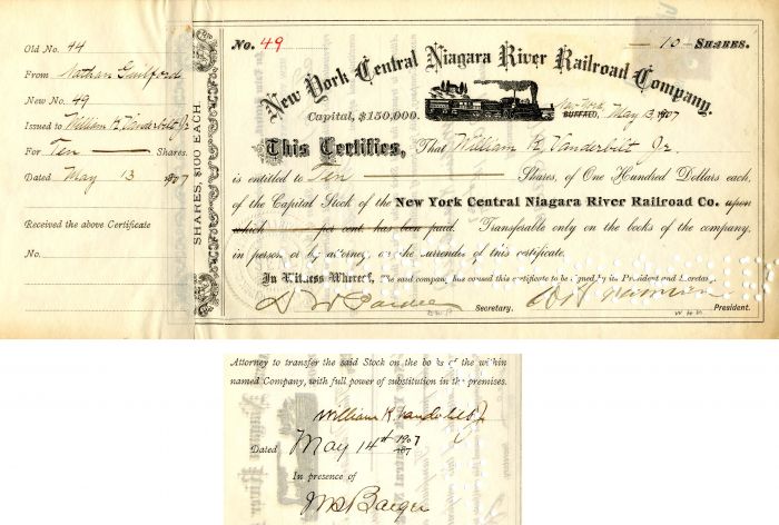 New York Central Niagara River Railroad Co. Issued to and Signed by William K. Vanderbilt- Stock Certificate
