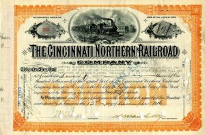 Cincinnati Northern Railroad Co. Signed by Wm. K. Vanderbilt- Stock Certificate