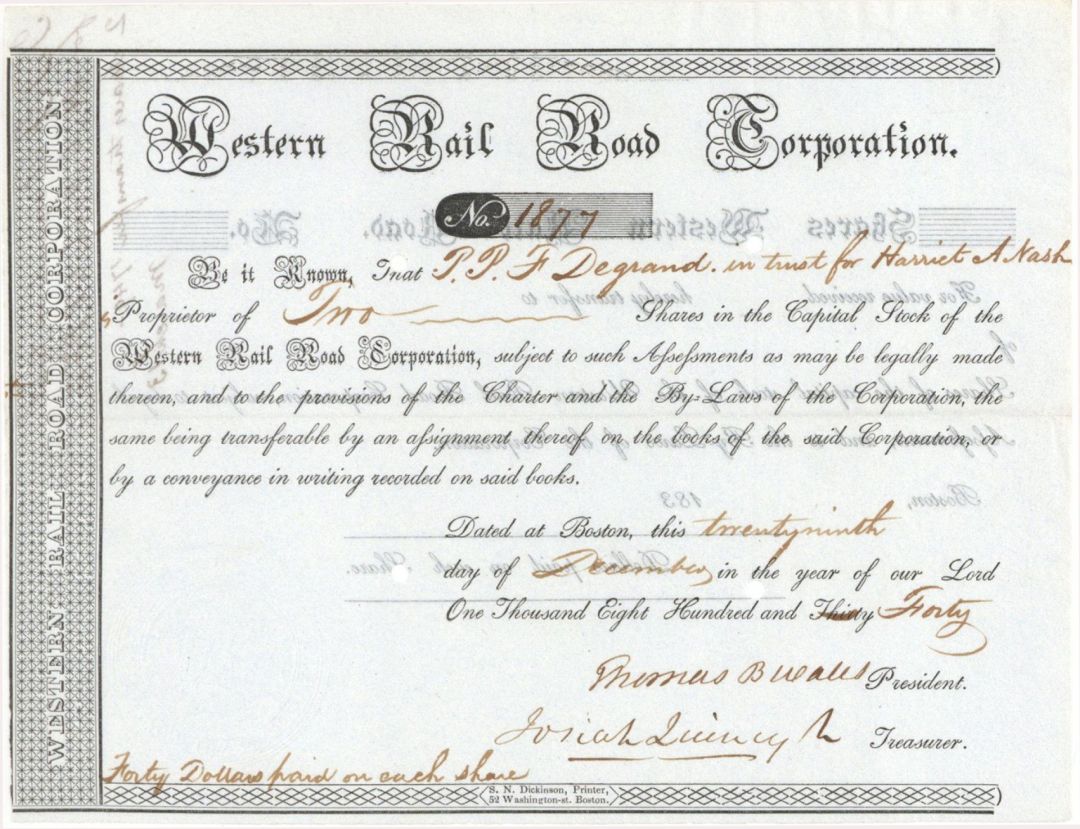 Western Railroad Corporation signed by Josiah Quincy - 1840 or 1841 dated Autographed Stock Certificate