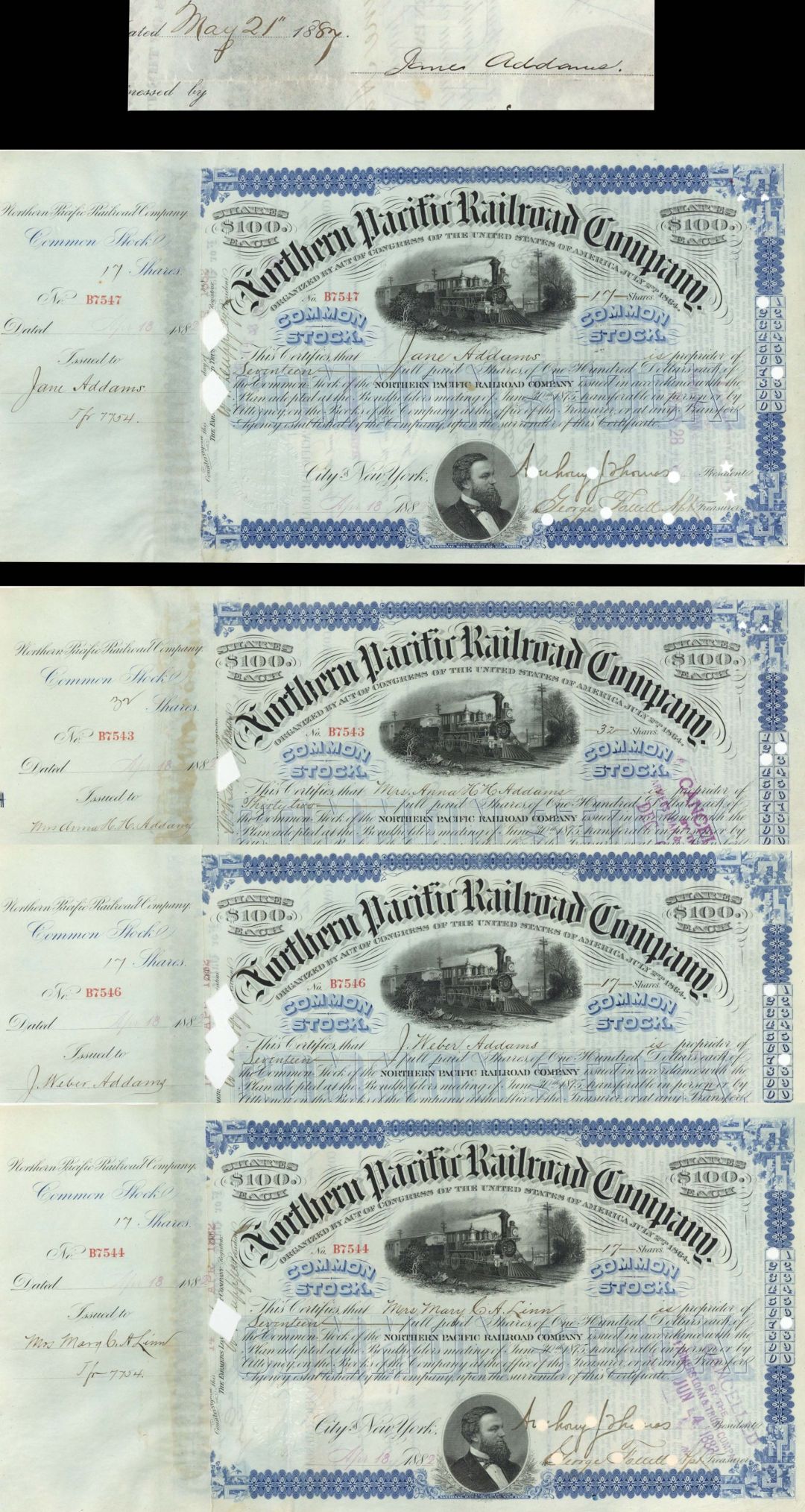 Northern Pacific Railroad Co. Issued to and Signed by Jane Addams and Relatives - Stock Certificate