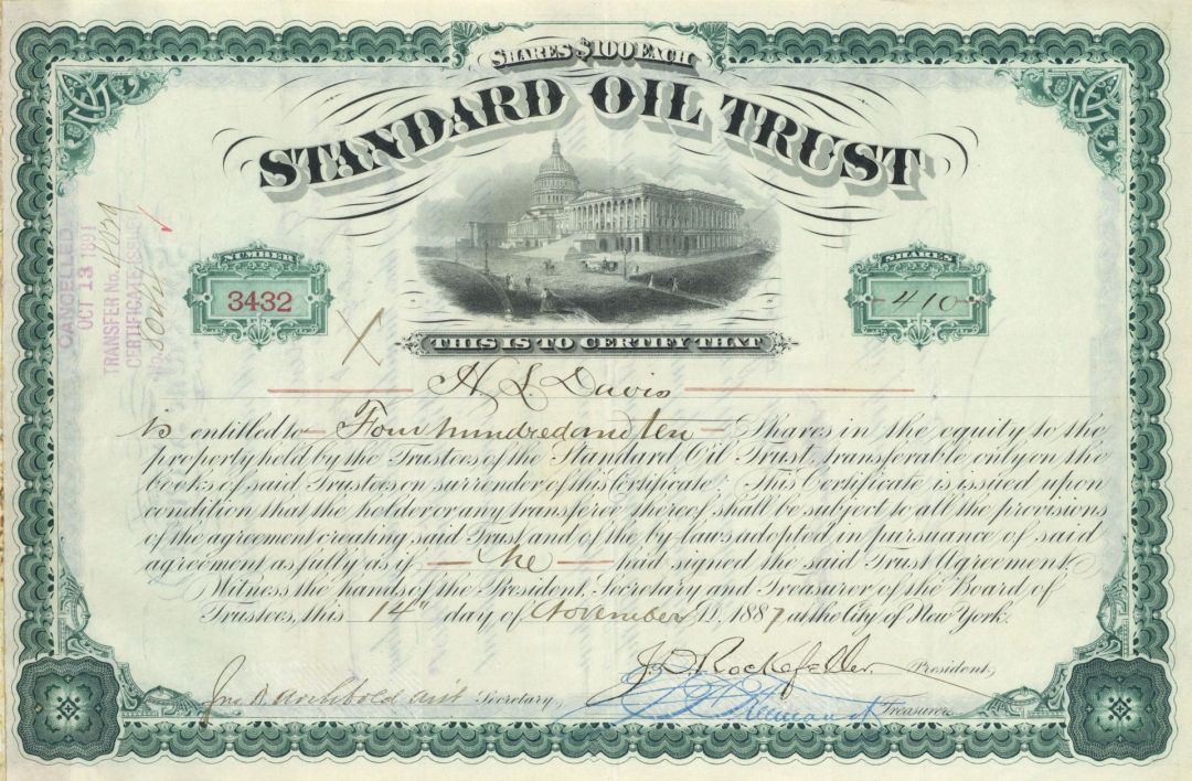 Standard Oil Trust signed by J.D. Rockefeller and J.D. Archbold - Stock Certificate