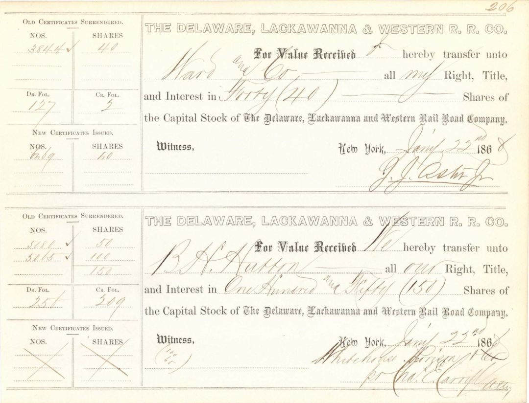 Delaware, Lackawanna and Western R.R. Co. signed by J.J. Astor Jr. - 1868 dated Autographed Stock Certificate