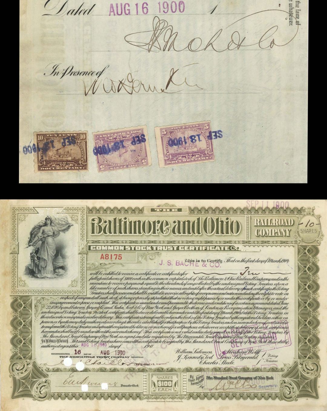 Baltimore and Ohio Railroad Co. issued to J.S. Bache and Co. and signed by Bache - 1900 or 1901 dated Autographed Stock Certificate
