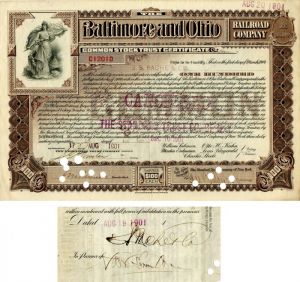 Baltimore and Ohio Railroad Co. signed by J.S. Bache and Co. - Stock Certificate