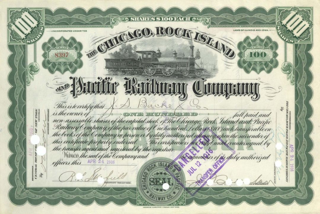 Chicago, Rock Island and Pacific Railway Co. issued to J.S. Bache and Co. -1915 or 1916 dated Stock Certificate