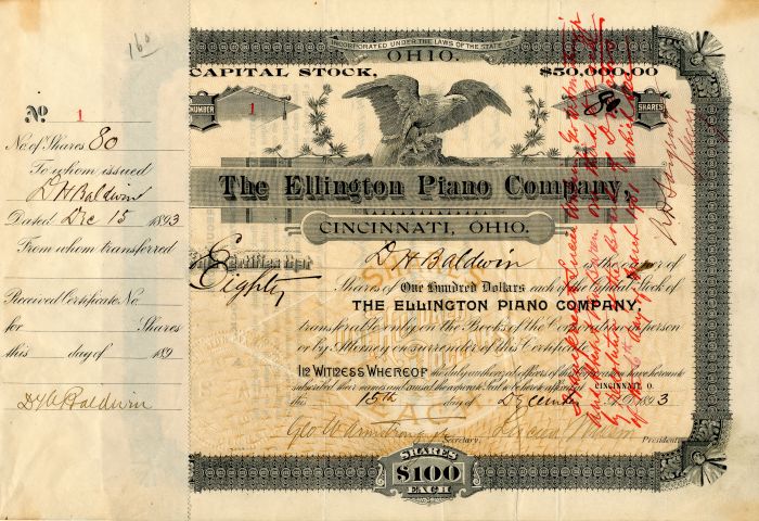 Ellington Piano Co. issued to and signed by D.H. Baldwin - Stock Certificate