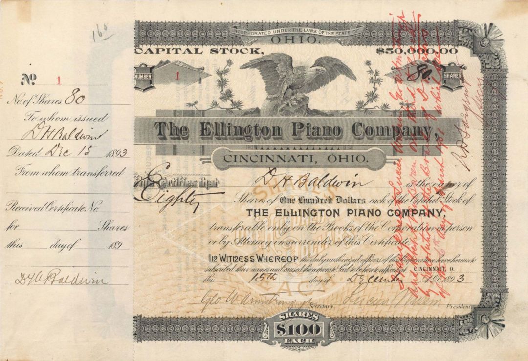 Ellington Piano Co. issued to and signed by D.H. Baldwin- Certificate #1 - 1893 dated Autographed Stock Certificate