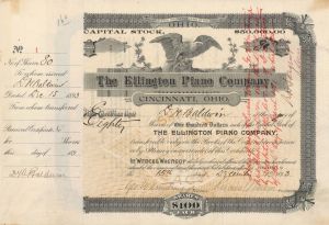 Ellington Piano Co. issued to and signed by D.H. Baldwin- Certificate #1 - 1893 dated Autographed Stock Certificate