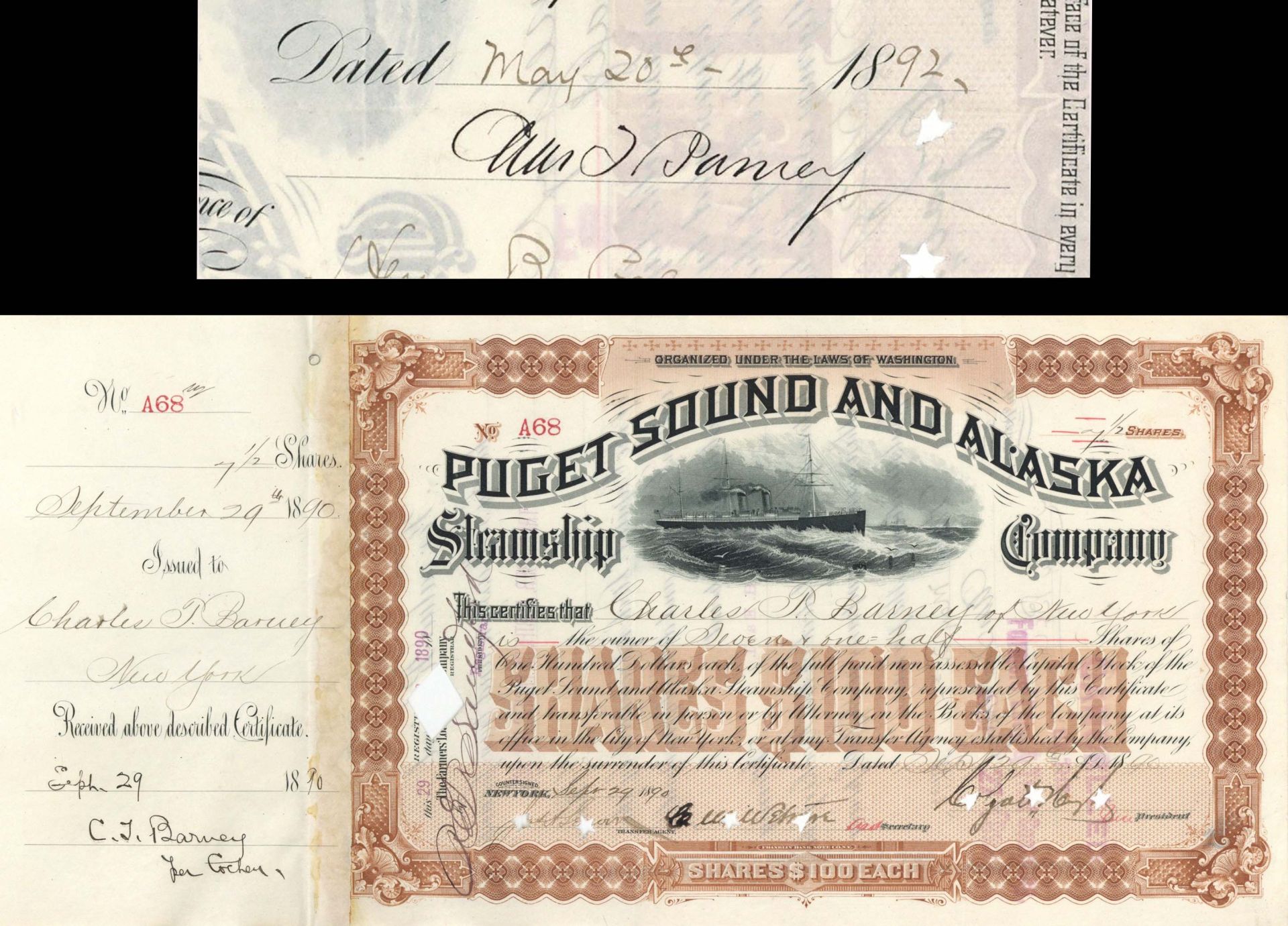 Puget Sound and Alaska Steamship Co. issued to and signed by Charles T. Barney - Stock Certificate