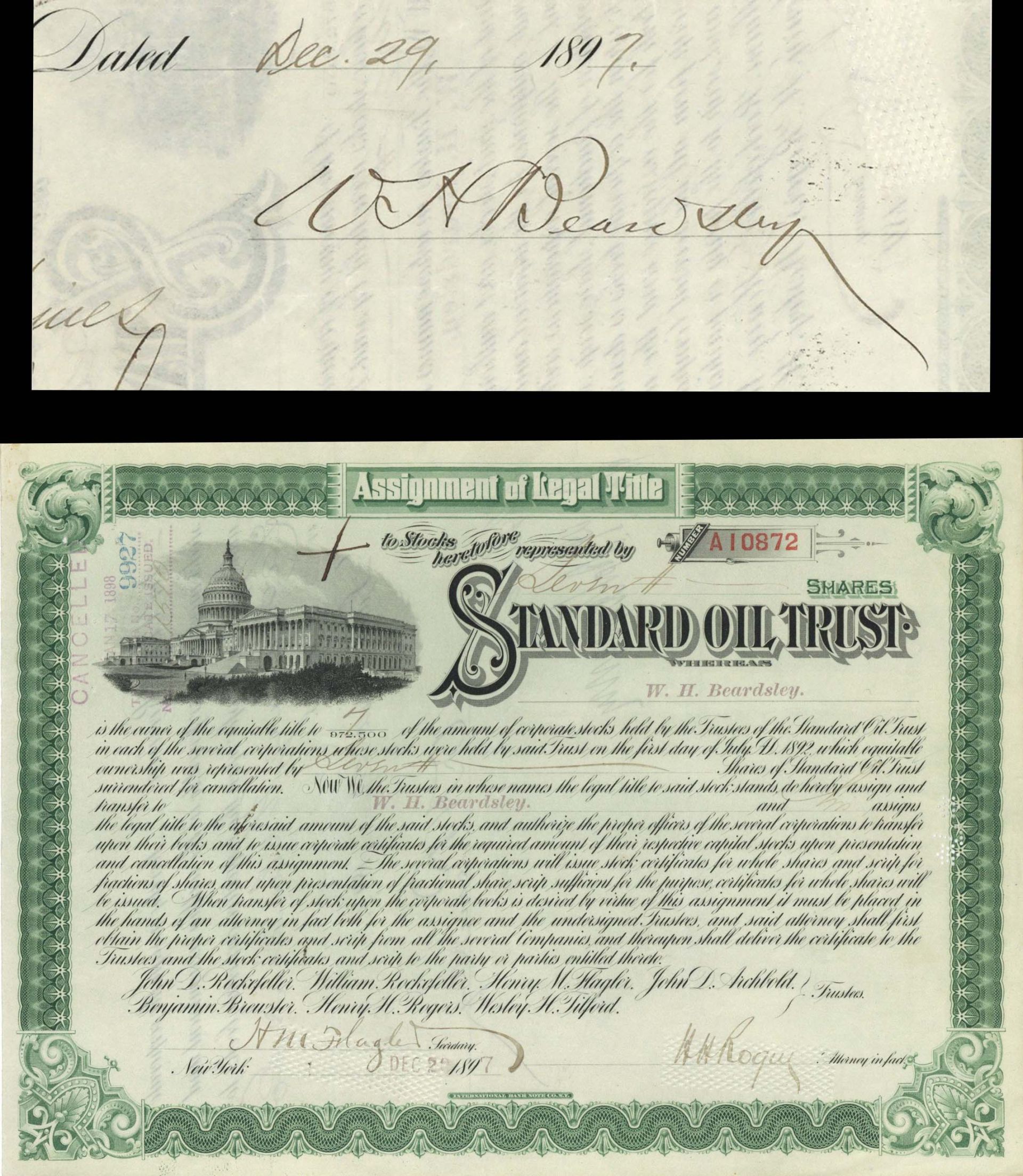 Standard Oil Trust issued to and signed by W.H. Beardsley - Stock Certificate