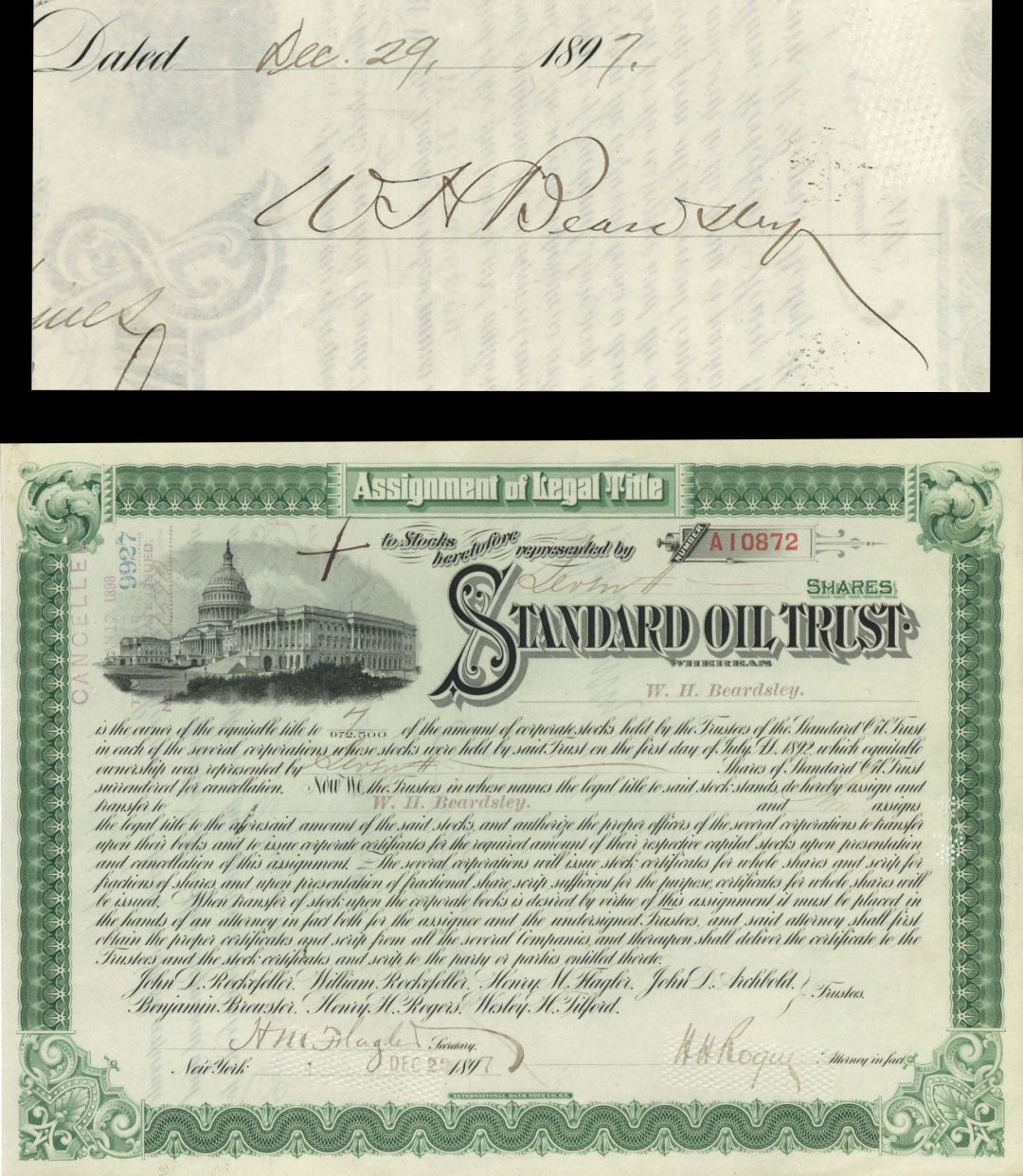 Standard Oil Trust issued to and signed by William Henry Beardsley, also Flagler and H.H. Rogers - 1897 dated Autograph Stock Certificate