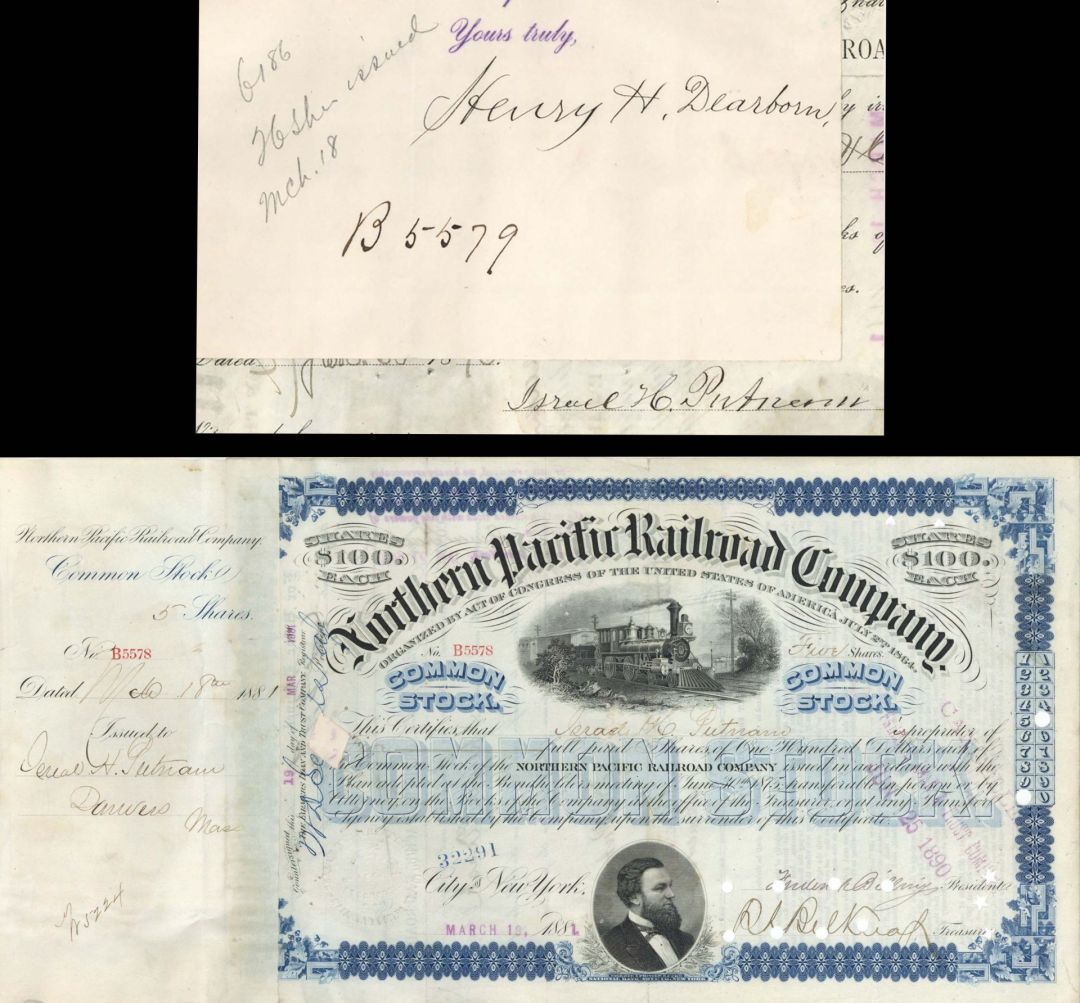 Northern Pacific Railroad Co. Issued to and Signed by Israel H. Putnam - 1881 dated Autographed Stock Certificate