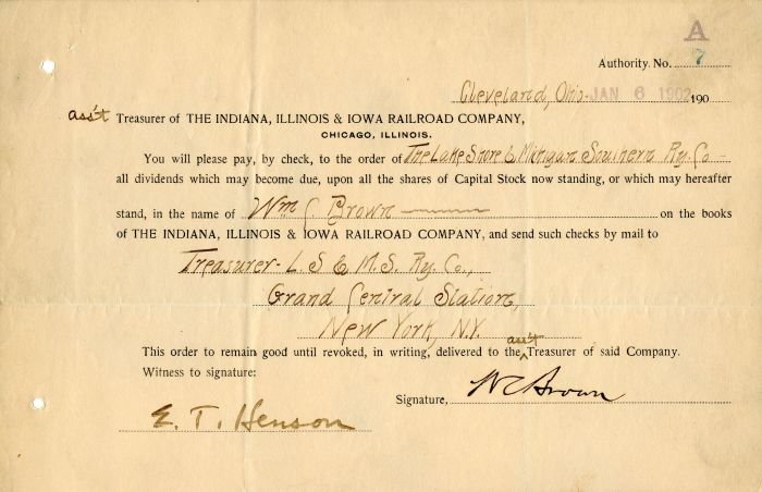 Indiana, Illinois and Iowa Railroad Co. Issued to and Signed by Wm. C. Brown - Stock Certificate