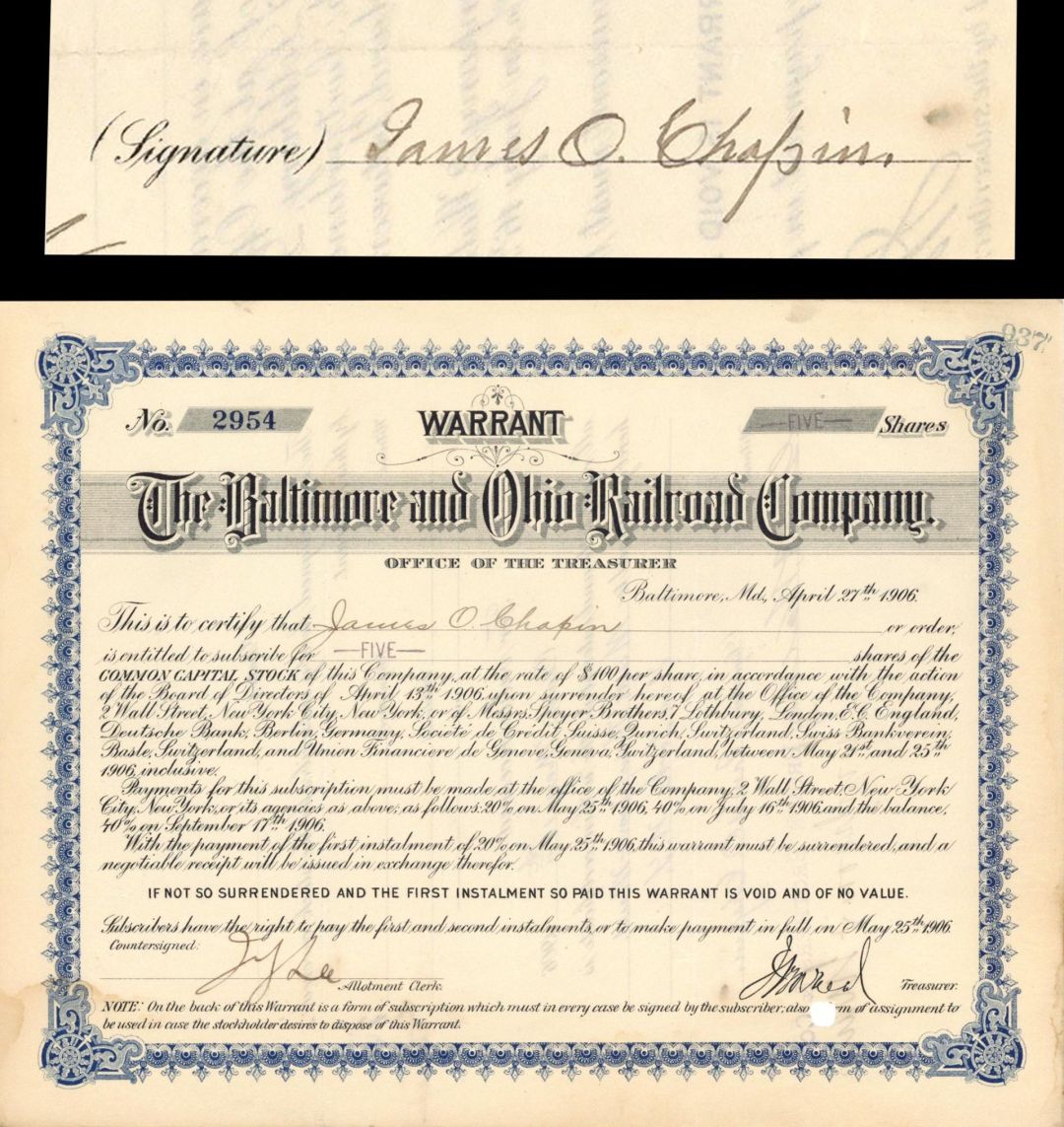 Baltimore and Ohio Railroad Co. issued to and signed by James O. Chapin - 1906 dated Autographed Stock Certificate
