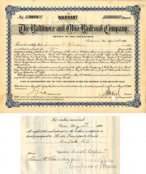 Baltimore and Ohio Railroad Co. issued to and signed by James O. Chapin - Stock Certificate