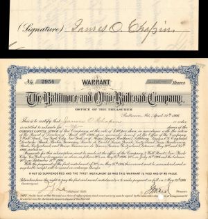 Baltimore and Ohio Railroad Co. issued to and signed by James O. Chapin - Stock Certificate