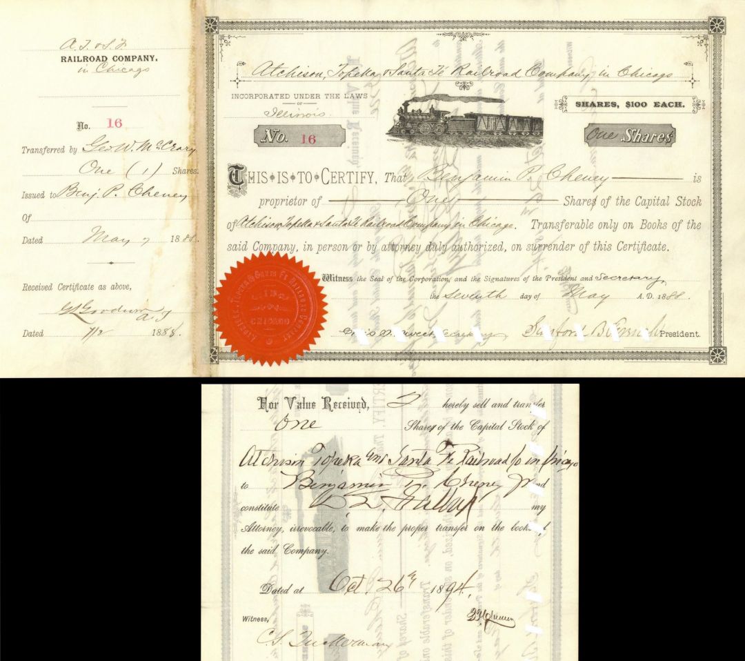 Atchison, Topeka and Santa Fe Railroad Co. Issued to B.P. Cheney and signed by his son, B.P. Cheney Jr. - Stock Certificate