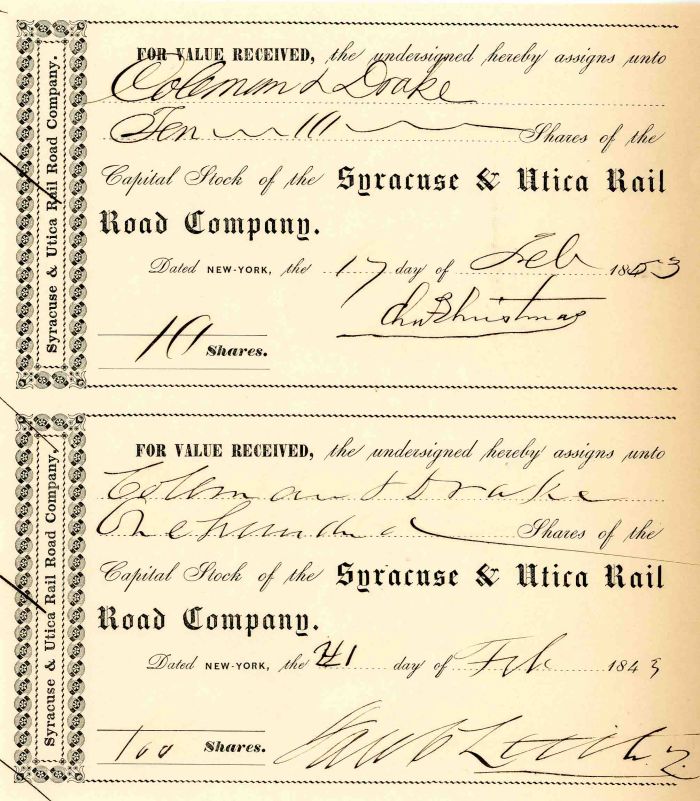 Syracuse and Utica Rail Road Co. Signed by Jacob Little and Chas. Christmas - Pair of Transfer Stock Receipts