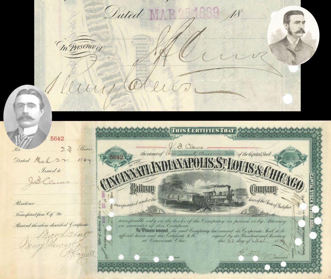 Cincinnati, Indianapolis, St. Louis & Chicago Railway Co. Issued to J.B. Clews and Signed by Henry & J.B. Clews - 1889 dated Autographed Stock Certificate