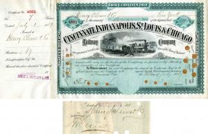 Cincinnati, Indianapolis, St. Louis and Chicago Railway Co. Signed by Henry and J.B. Clews - Stock Certificate