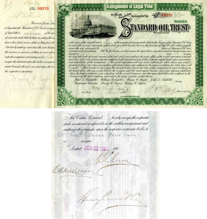Standard Oil Trust Issued to J.B. Clews and Signed - Stock Certificate