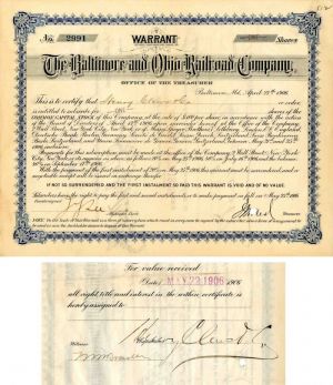 Baltimore and Ohio Railroad Co. Signed by Henry Clews - Stock Certificate