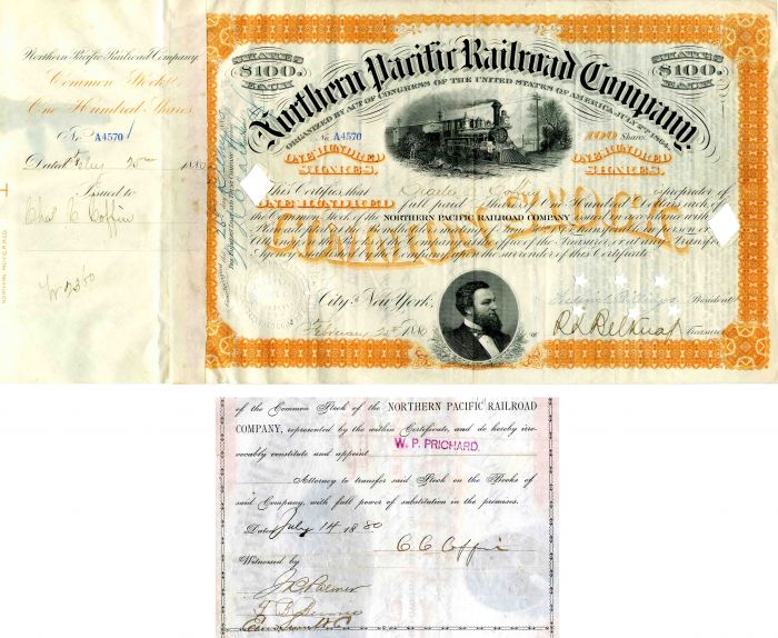 Northern Pacific Railroad Co. Signed by C.C. Coffin - Stock Certificate