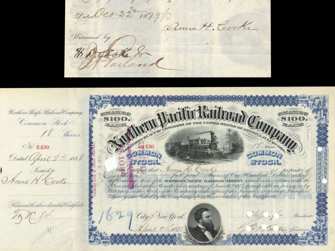 Northern Pacific Railroad Co. Issued to and Signed by Anna H. and H.D. Cooke - 1878 dated Autographed Stock Certificate