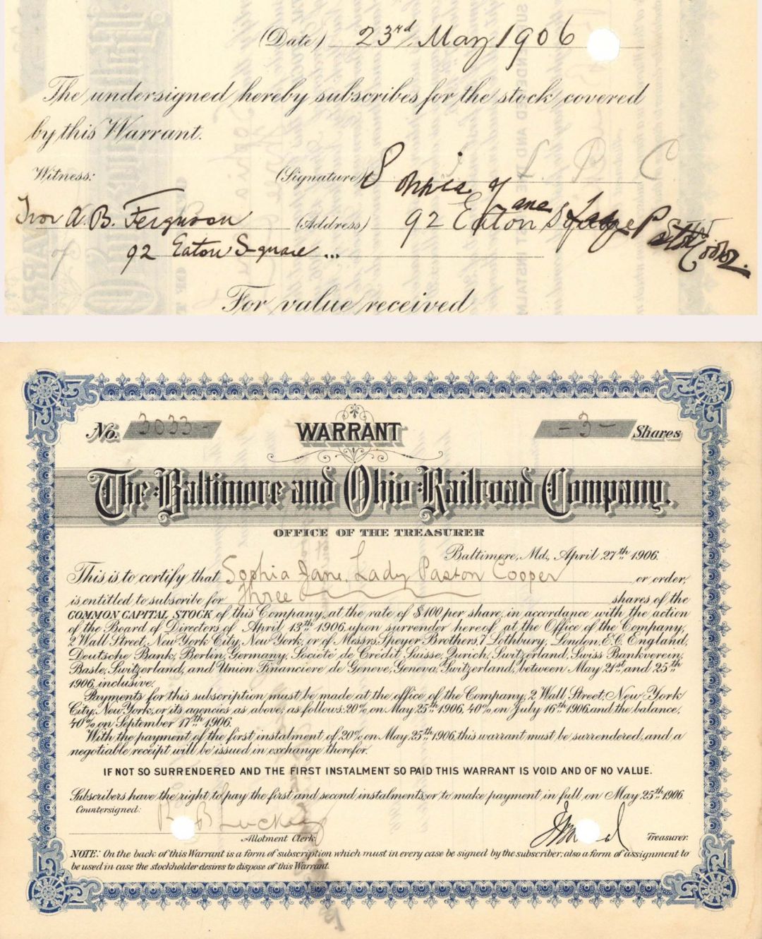 Baltimore and Ohio Railroad Co. Issued to and Signed by Sophia Jane Lady Pastor Cooper - 1906 dated Autographed Stock Certificate