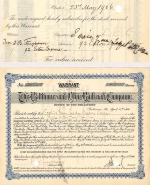 Baltimore and Ohio Railroad Co. Issued to and Signed by Sophia Jane Lady Pastor Cooper - Stock Certificate