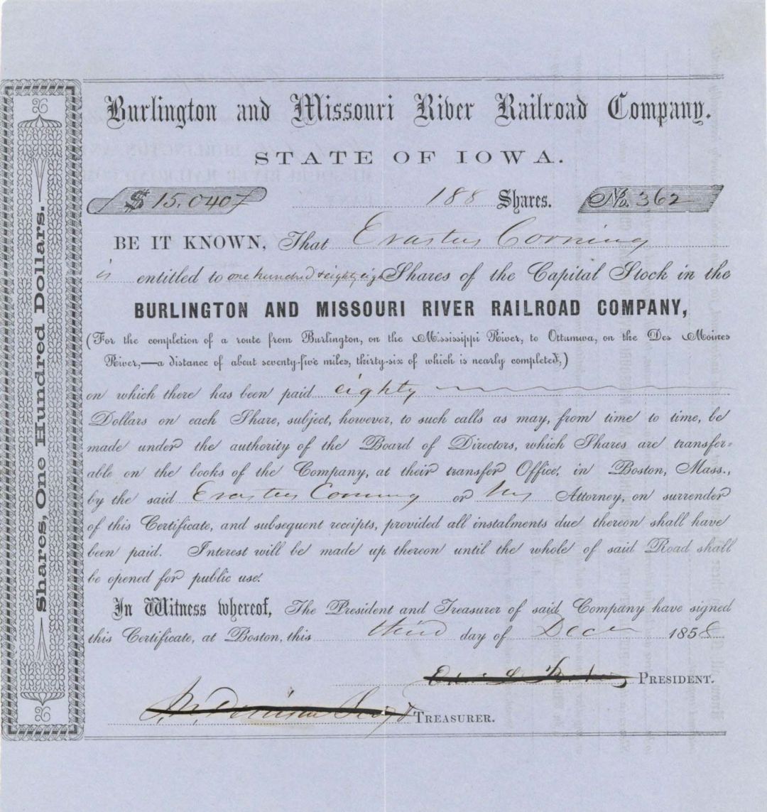 Burlington and Missouri River Railroad Co. Issued to Erastus Corning - 1858 dated Stock Certificate
