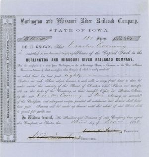 Burlington and Missouri River Railroad Co. Issued to Erastus Corning - 1858 dated Stock Certificate