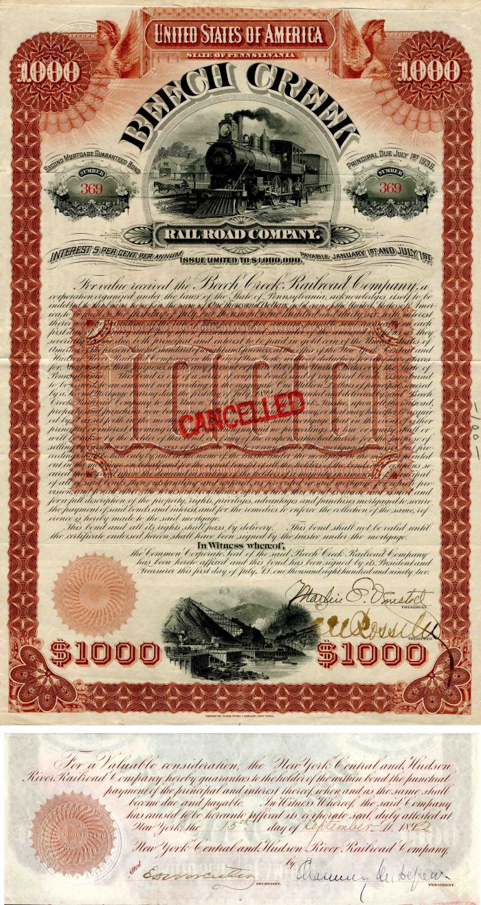 Beech Creek Railroad Co. Signed by Chauncey M. Depew - $1,000 Bond