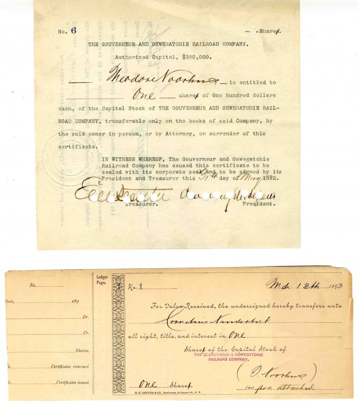 Gouverneur and Oswegatchie Railroad Co. Signed by Chauncey M. Depew - Stock Certificate