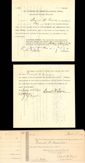 Gouverneur and Oswegatchie Railroad Co. Signed by Chauncey M. Depew - 1892 and 1893 dated Autographed Stock Certificate