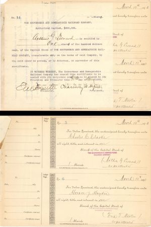 Gouverneur and Oswegatchie Railroad Co. Signed by Chauncey M. Depew - 1892 and 1893 dated Autographed Stock Certificate