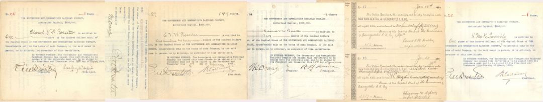 Group of Gouverneur and Oswegatchie Railroad Co. Stocks and Transfer Sheets Signed by Chauncey M. Depew and E.V.W. Rossiter - 1899 and 1907 dated Autographed Stock Certificate