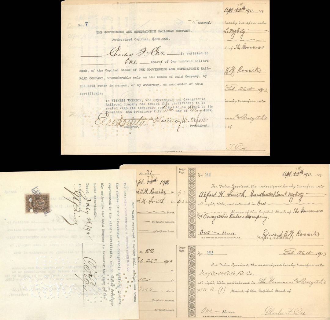 Gouverneur and Oswegatchie Railroad Co. Signed by Chauncey M. Depew - 1892 dated Autographed Stock Certificate