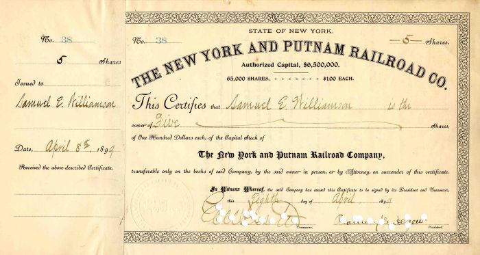 New York and Putnam Railroad Co. Signed by Chauncey M. Depew - Stock Certificate