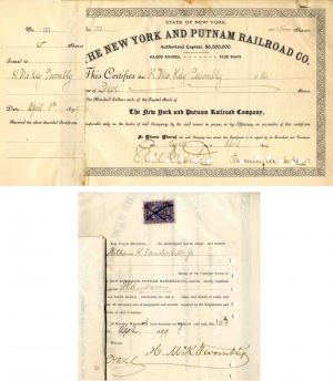 New York and Putnam Railroad Co. Signed by Chauncey M. Depew - Stock Certificate