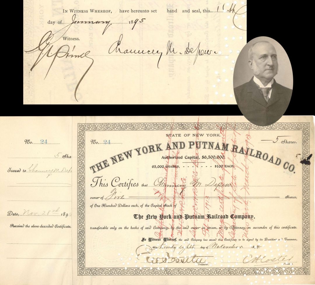 New York and Putnam Railroad Co. Issued to and signed by Chauncey M. Depew and E.V.W. Rossiter - 1894 and 1895 dated Stock Certificate