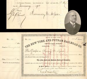 New York and Putnam Railroad Co. Issued to and signed by Chauncey M. Depew and E.V.W. Rossiter - 1894 and 1895 dated Stock Certificate